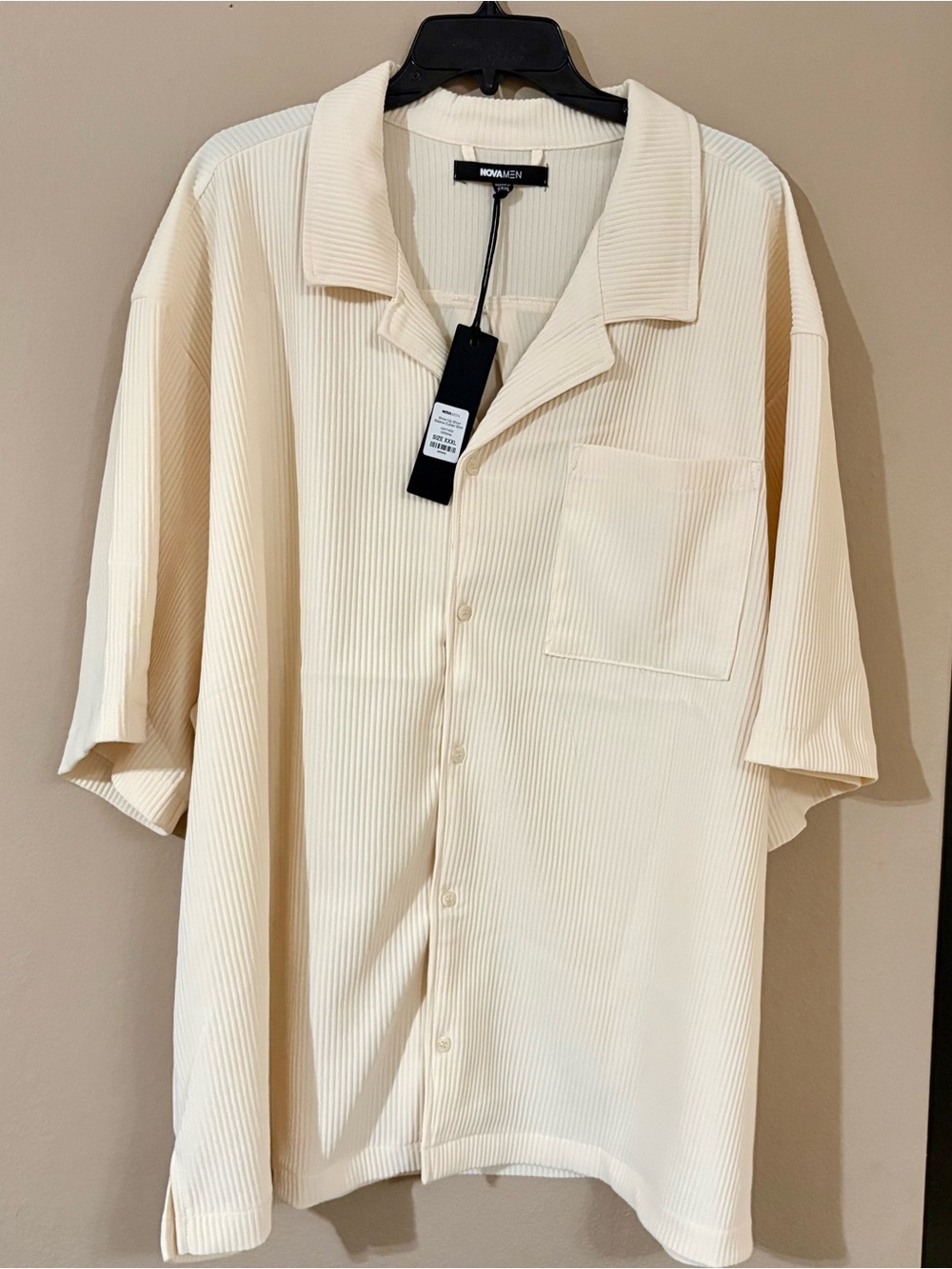 NovaMen Pleated Camp Collar Shirt - Cream Textured Resort Vibe (NWT)